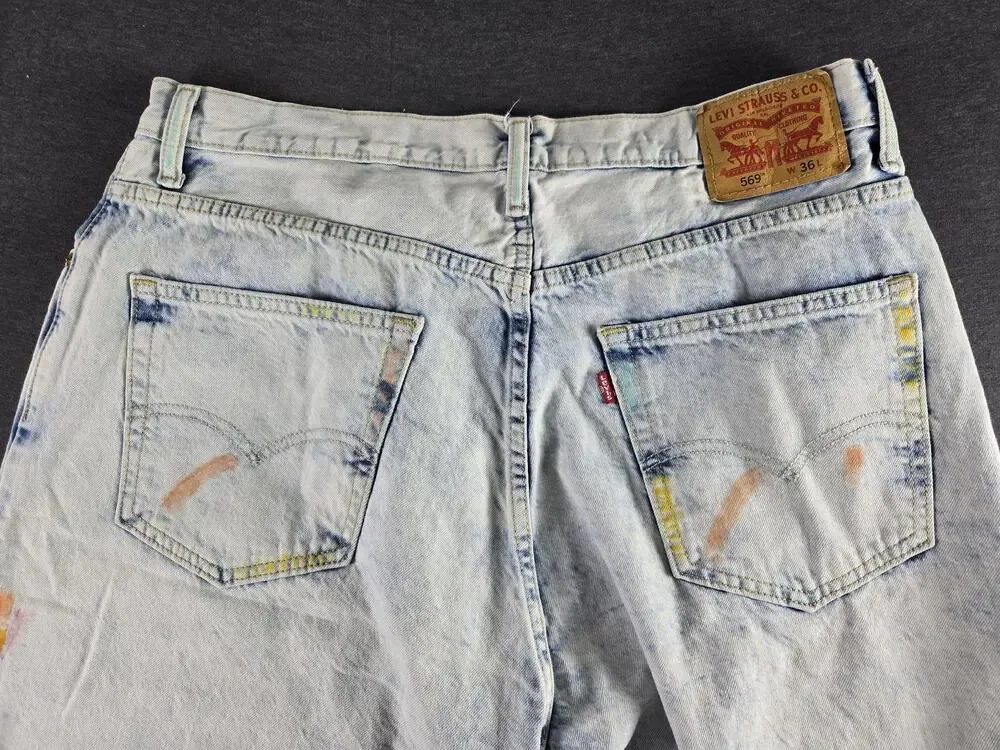 Levi's 569 Shorts Mens 36 Blue Light Wash Denim Paint Splatter Artistic Bermuda